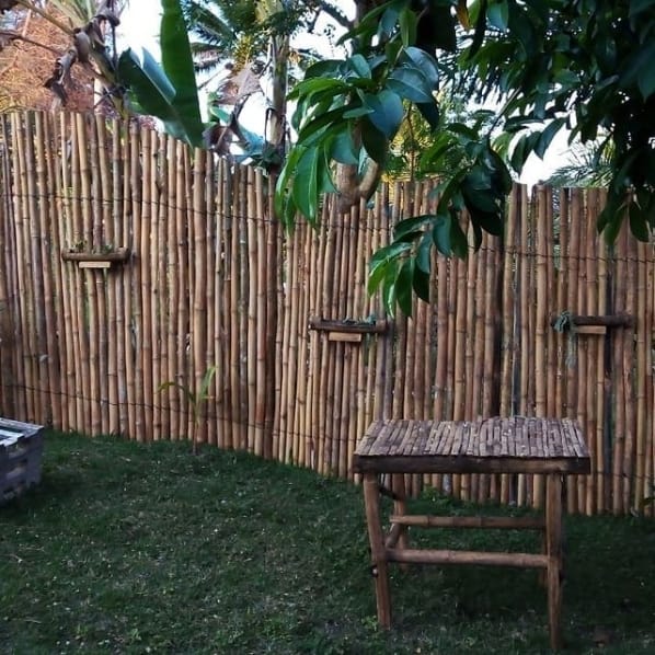 área externa com cerca simples de bambu seco